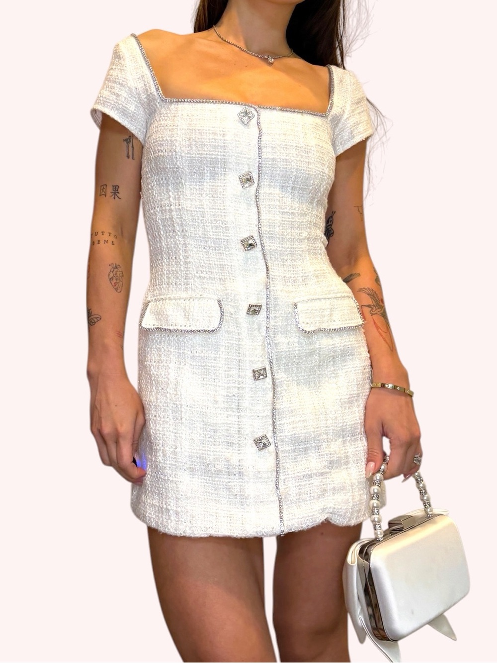 SAU LEE Annabelle Crystal Tweed Mini Dress White Bridal